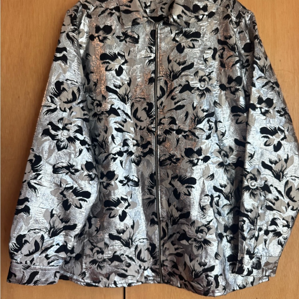 ASOS Edition Silver Metallic Shiny Black Floral Zip Shirt Jacket 2XL XXL 3XL - Picture 6 of 13
